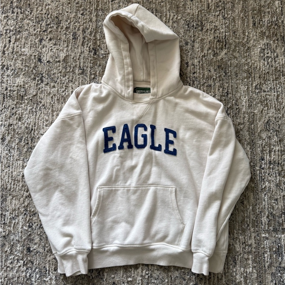 American Eagle Outfitters Cream Hoodie with Navy Logo